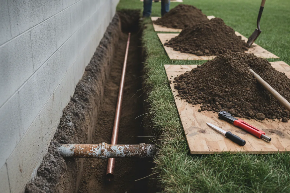 Excavated water line trench during Sewer Line Repair in White